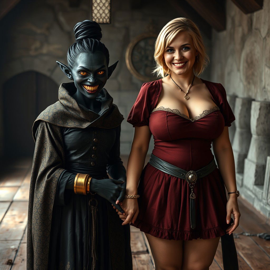 In a medieval room, a wicked young woman with very dark black skin, appearing malnourished at around 30 years old, stands with her low stature