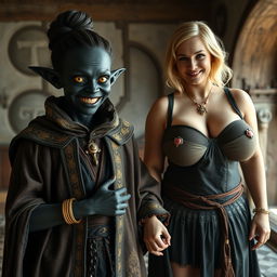 In a medieval room, a wicked young woman with very dark black skin, appearing malnourished at around 30 years old, stands with her low stature