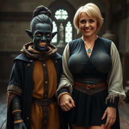 In a medieval room, a wicked young woman with very dark black skin, appearing malnourished at around 30 years old, stands with her low stature