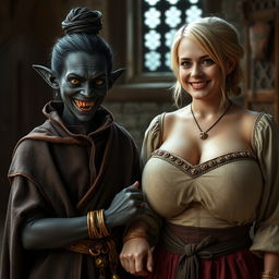 In a medieval room, a wicked young woman with very dark black skin, appearing malnourished at around 30 years old, stands with her low stature