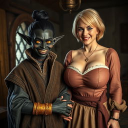 In a medieval room, a wicked young woman with very dark black skin, appearing malnourished at around 30 years old, stands with her low stature