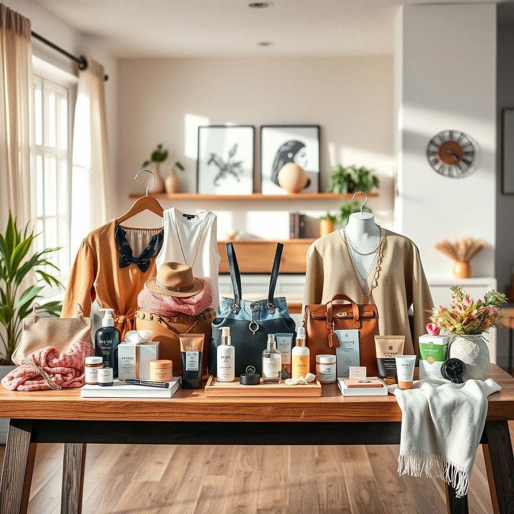 A highly realistic image showcasing a beautifully arranged display of various products suitable for selling on Instagram and other social media marketplaces