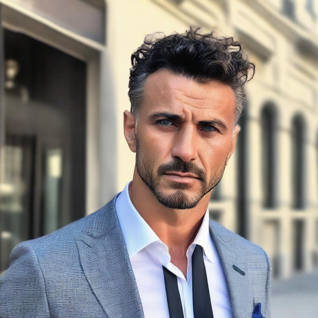 A big, tall, and muscular Turkish man with dark blue eyes, white skin, and slightly curlier short black hair. He has a less defined jawline and he's wearing a stylish suit.