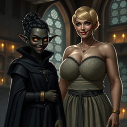 In a medieval room, a sinister looking young female character with deeply dark, almost black skin, around 30 years old, with a very short stature