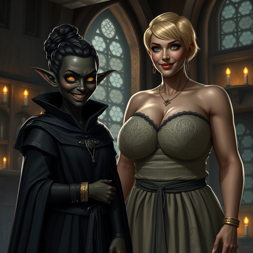 In a medieval room, a sinister looking young female character with deeply dark, almost black skin, around 30 years old, with a very short stature