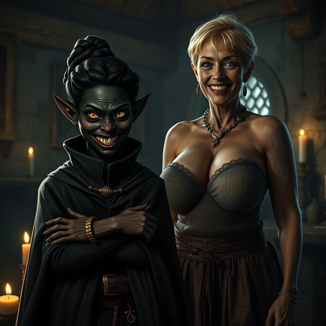 In a medieval room, a sinister young woman with deeply dark black skin, around 30 years old, very short in stature