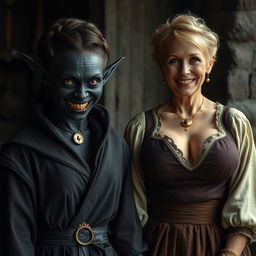 A dark medieval room with an evil young woman of 30 years old