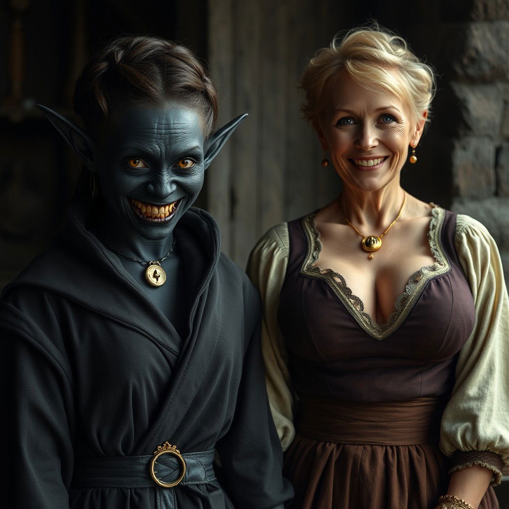 A dark medieval room with an evil young woman of 30 years old