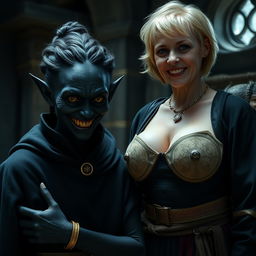 A dark medieval room with an evil young woman of 30 years old