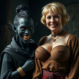 A dark medieval room with an evil young woman of 30 years old