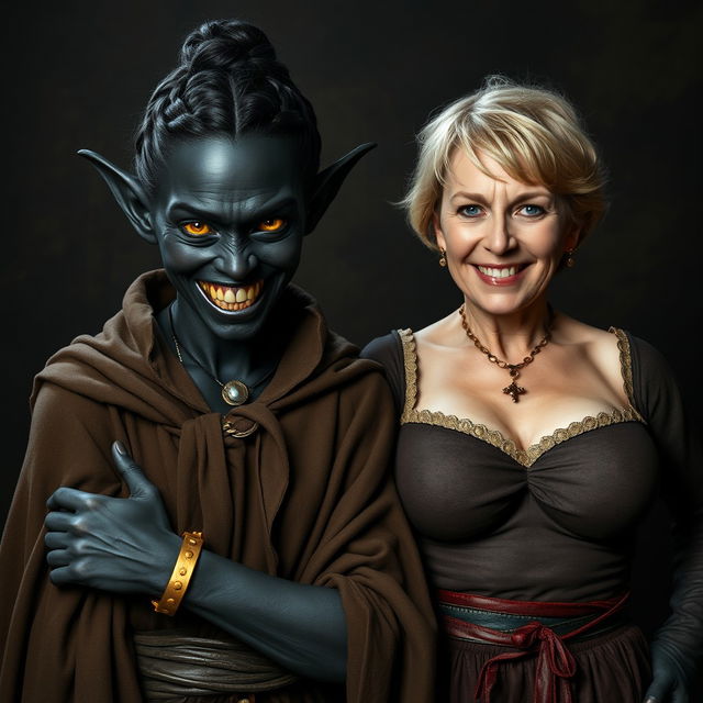 A dark medieval room with an evil young woman of 30 years old