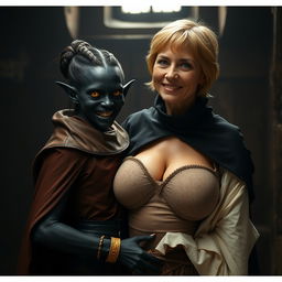A dark medieval room features an evil young woman, 30 years old, of low stature with completely black skin that appears malnourished