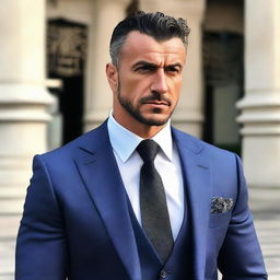 A big, tall, and muscular Turkish man with dark blue eyes, white skin, and slightly curlier short black hair. He has a less defined jawline and he's wearing a stylish suit.