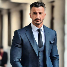 A big, tall, and muscular Turkish man with dark blue eyes, white skin, and slightly curlier short black hair. He has a less defined jawline and he's wearing a stylish suit.