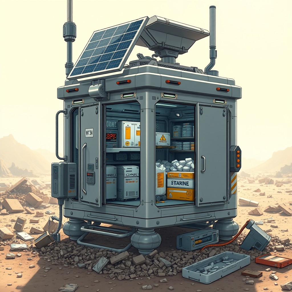 A detailed illustration of a disaster-proof communication pod, showcasing its various construction components