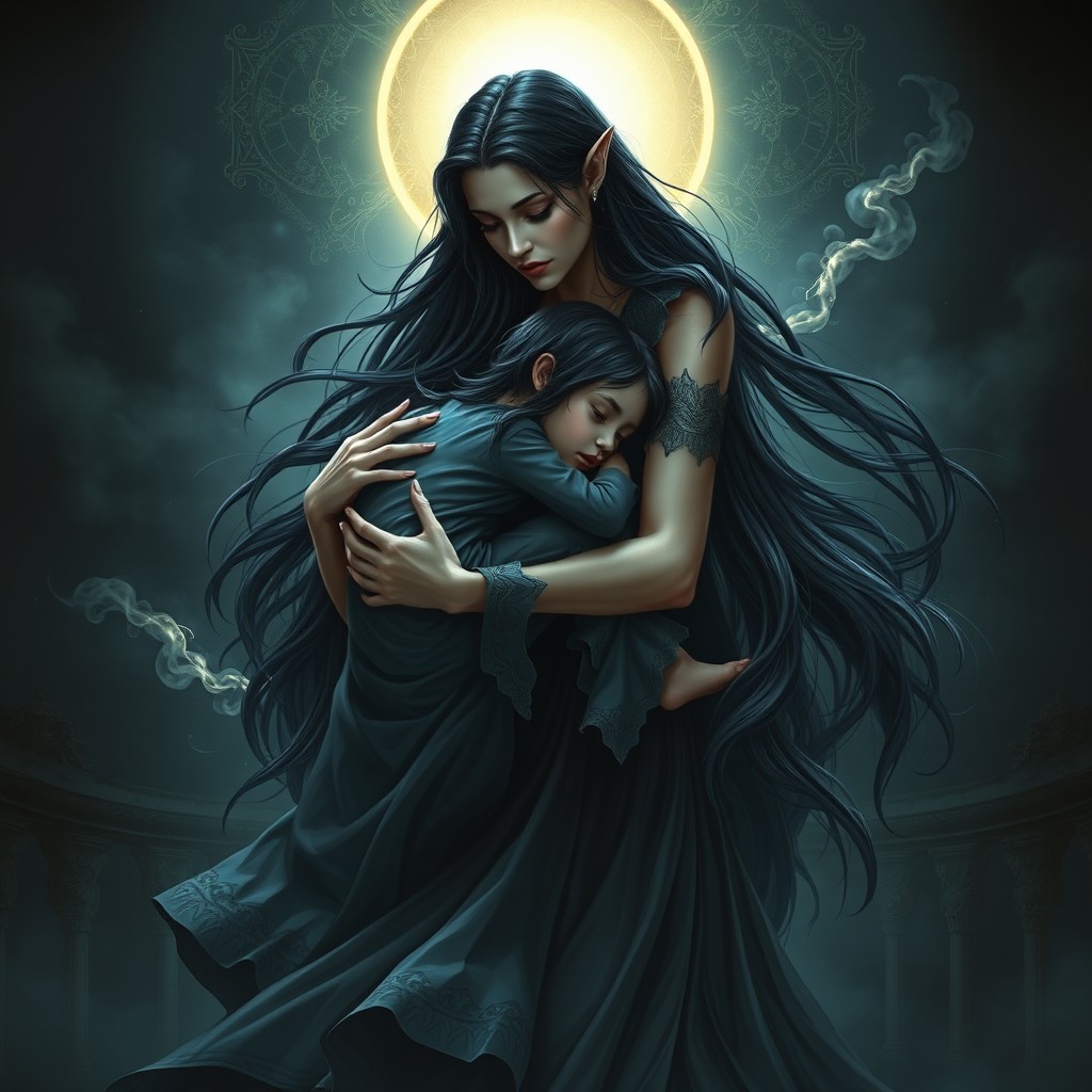 A captivating scene depicting Lilith embracing and cradling the son of Armilus, exuding a powerful and mystical connection