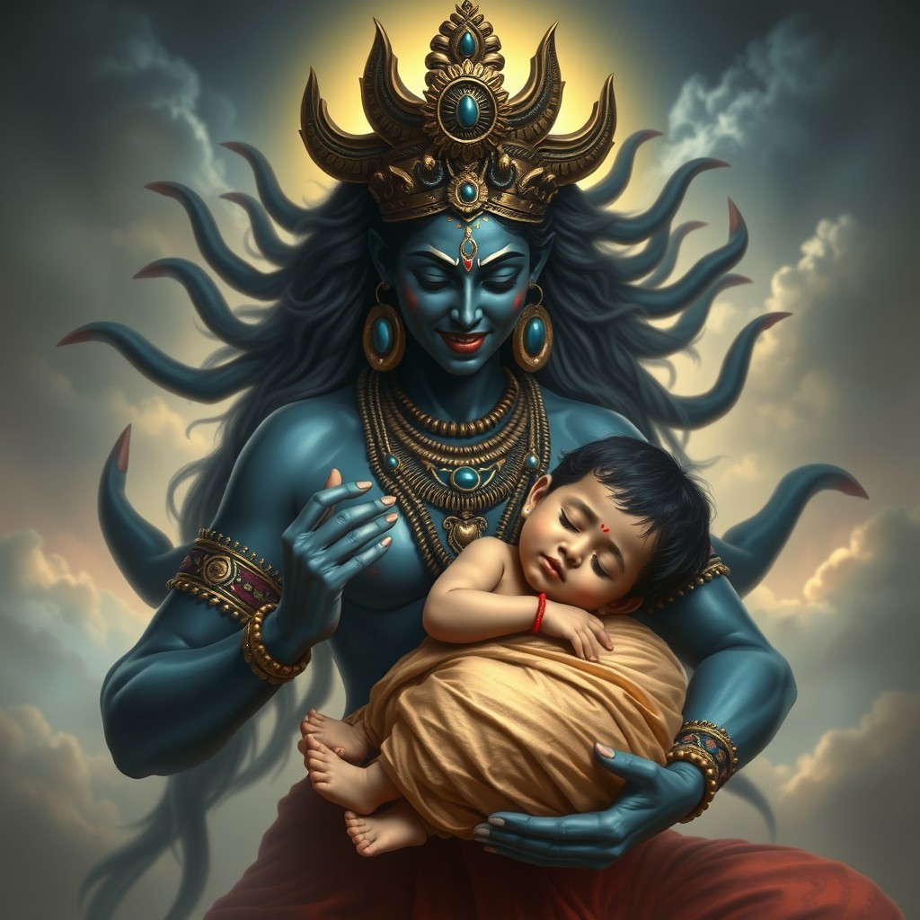 A beautifully serene and powerful depiction of Goddess Kali in her fierce form, gently cradling her sleeping child in her arms