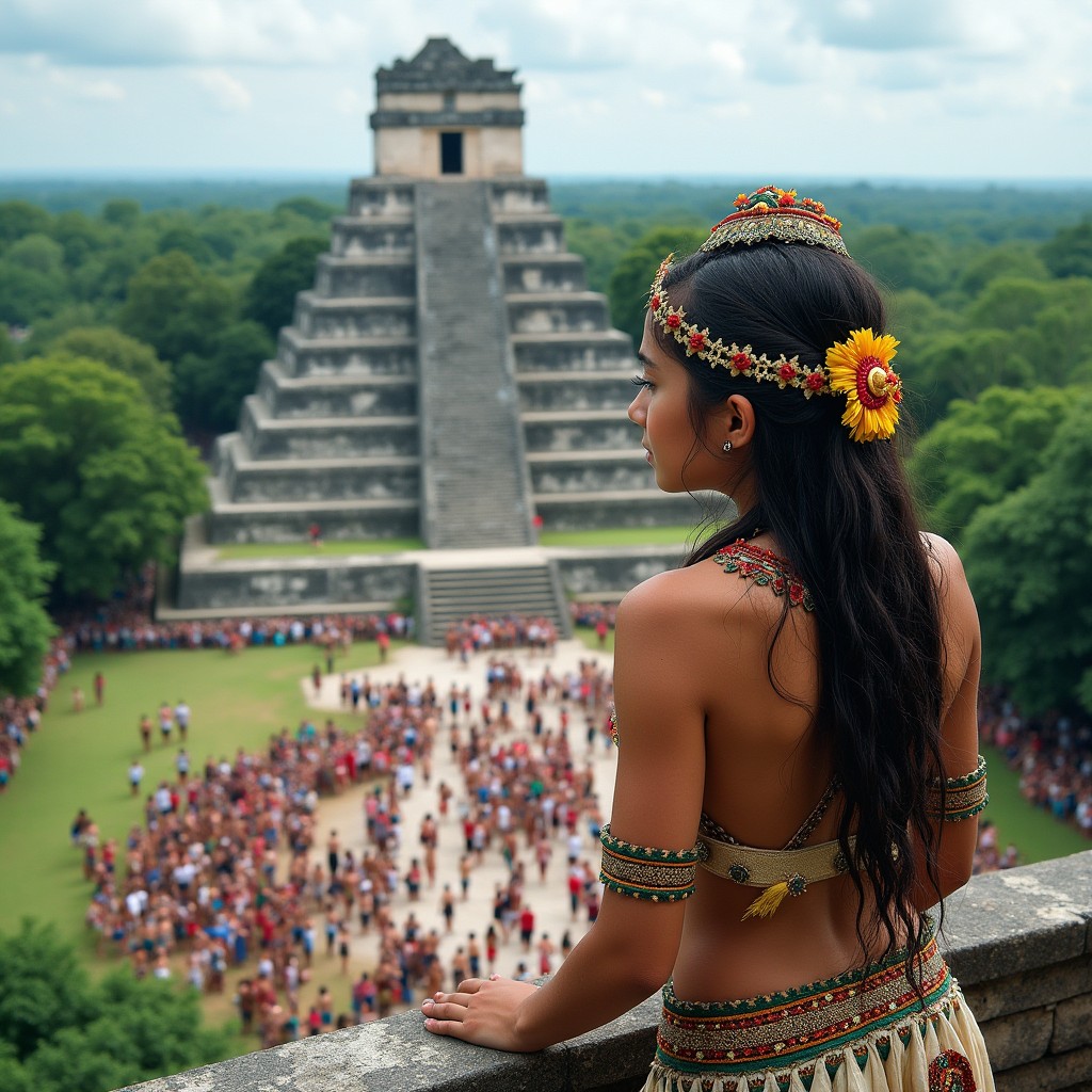 An adolescent Mayan princess wearing an ornate headdress, looking down from the top of a majestic Mayan temple