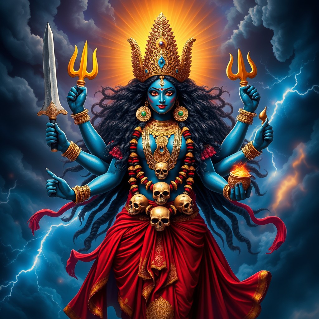A majestic depiction of the goddess Mahakali, portrayed with a powerful and fierce expression