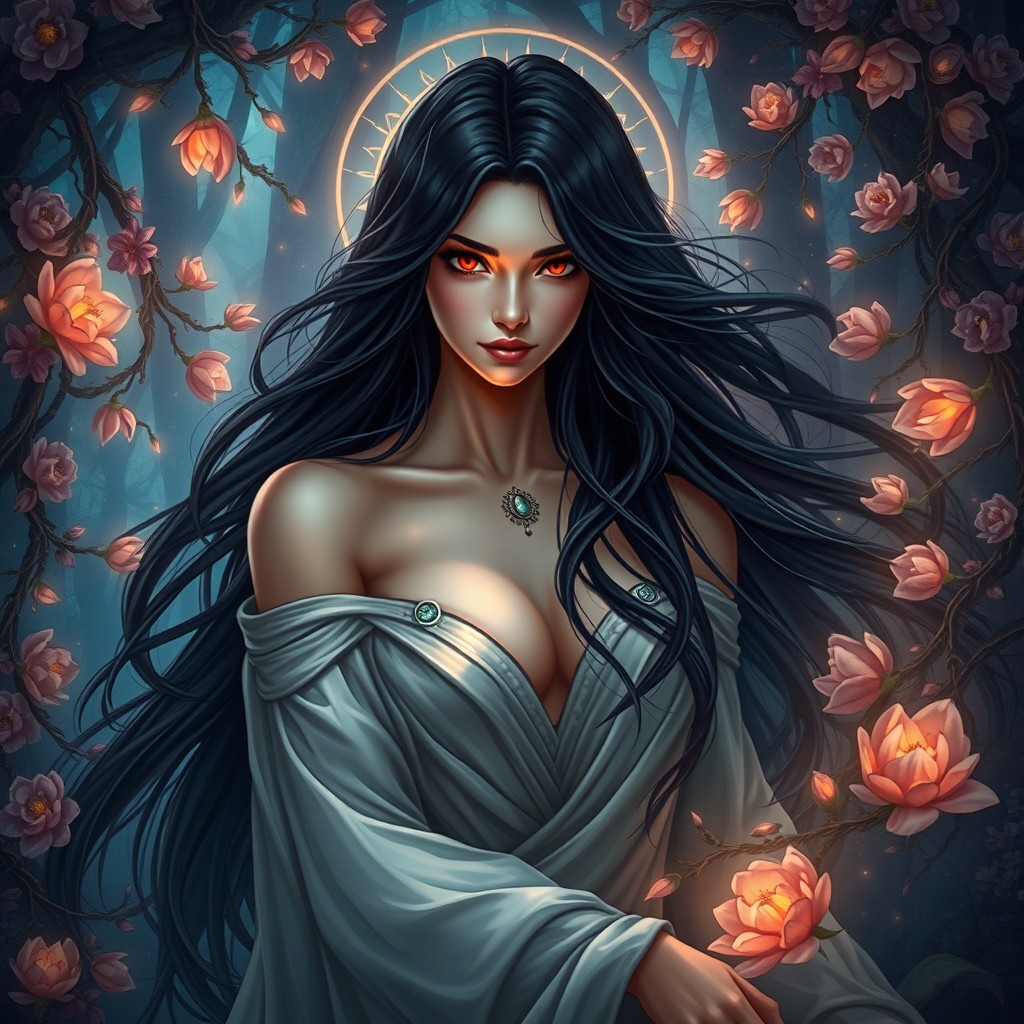 A visually stunning artistic representation of Lilith, depicted as a beautiful and alluring woman with long, flowing dark hair and captivating red eyes