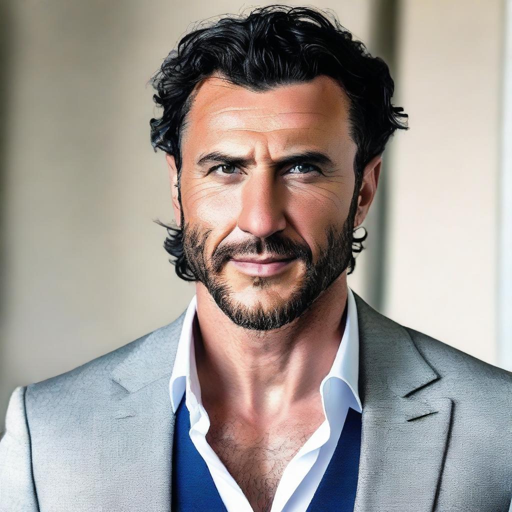 A big, tall, and muscular Turkish man with dark blue eyes, white skin, and slightly curlier short black hair. He has a less defined jawline and he's wearing a stylish suit.