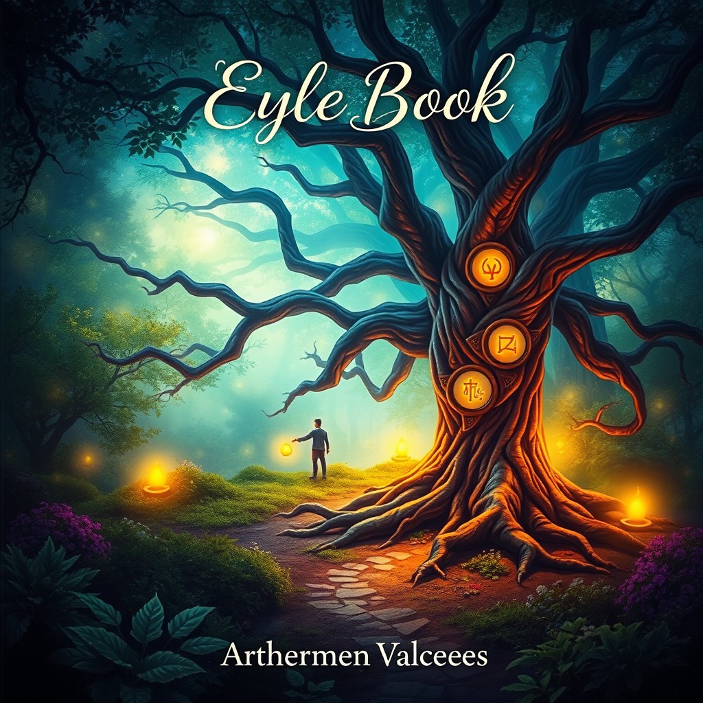 A captivating e-book cover design featuring a mystical forest setting, rich with vibrant colors