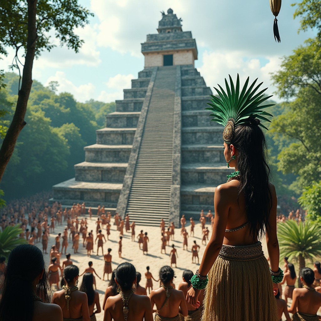 A scene depicting an adolescent Mayan princess standing atop a majestic Maya temple, elegantly adorned with a headdress made of long green feathers and adorned with jade bracelets