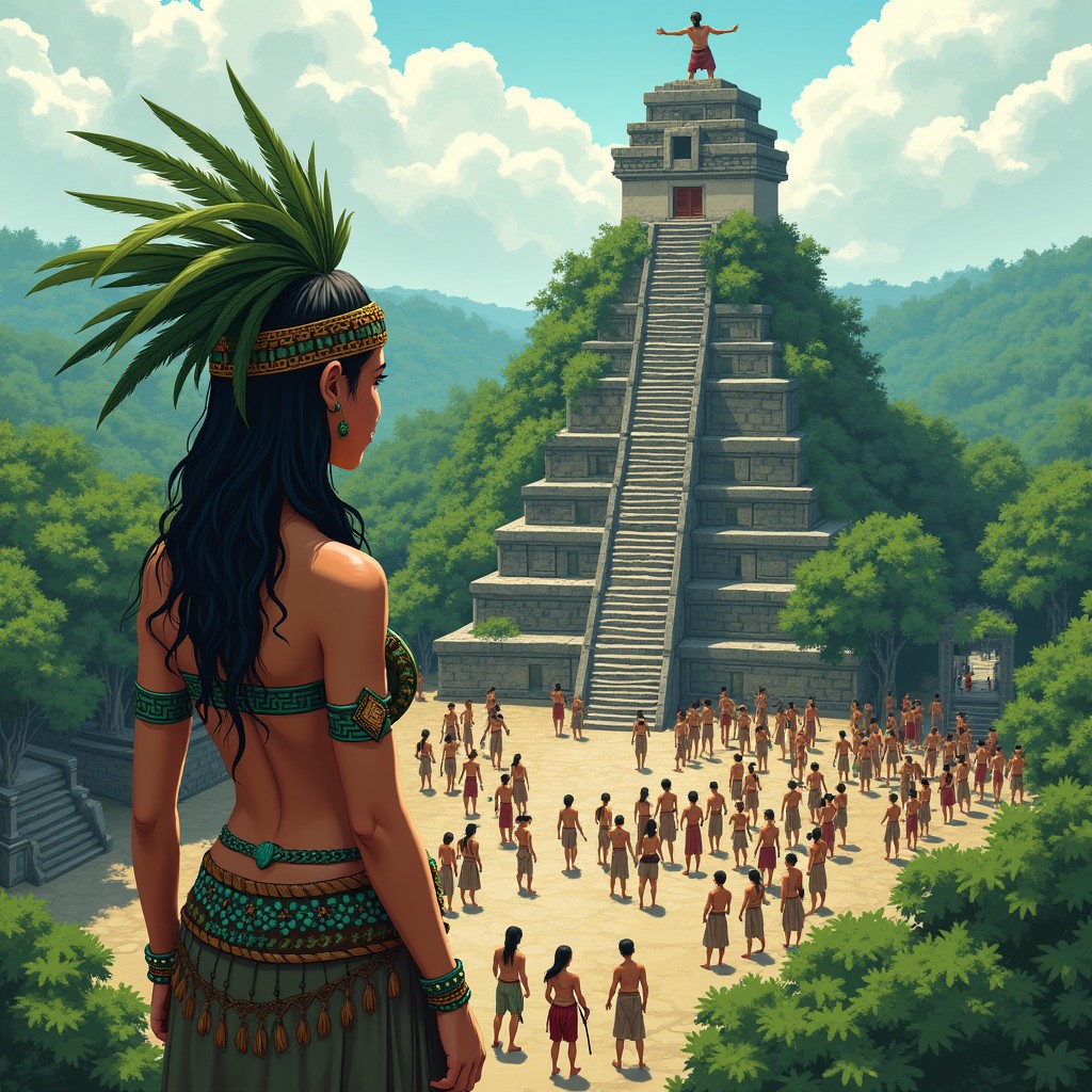 An illustration of a young Mayan princess standing on top of a temple, adorned with a headdress made of long green feathers and wearing jade bracelets