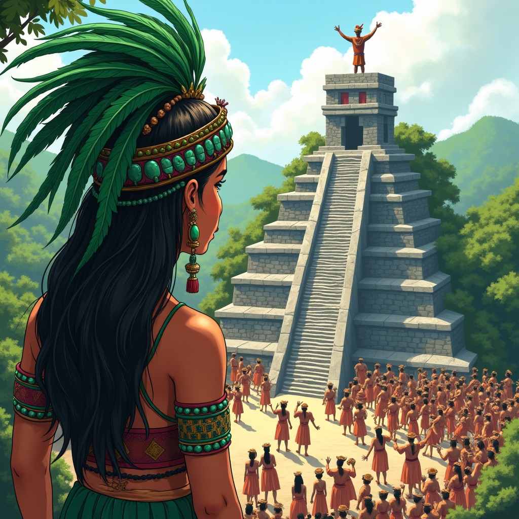 An illustration of an adolescent Mayan princess with a majestic headdress adorned with long green feathers and jade bracelets