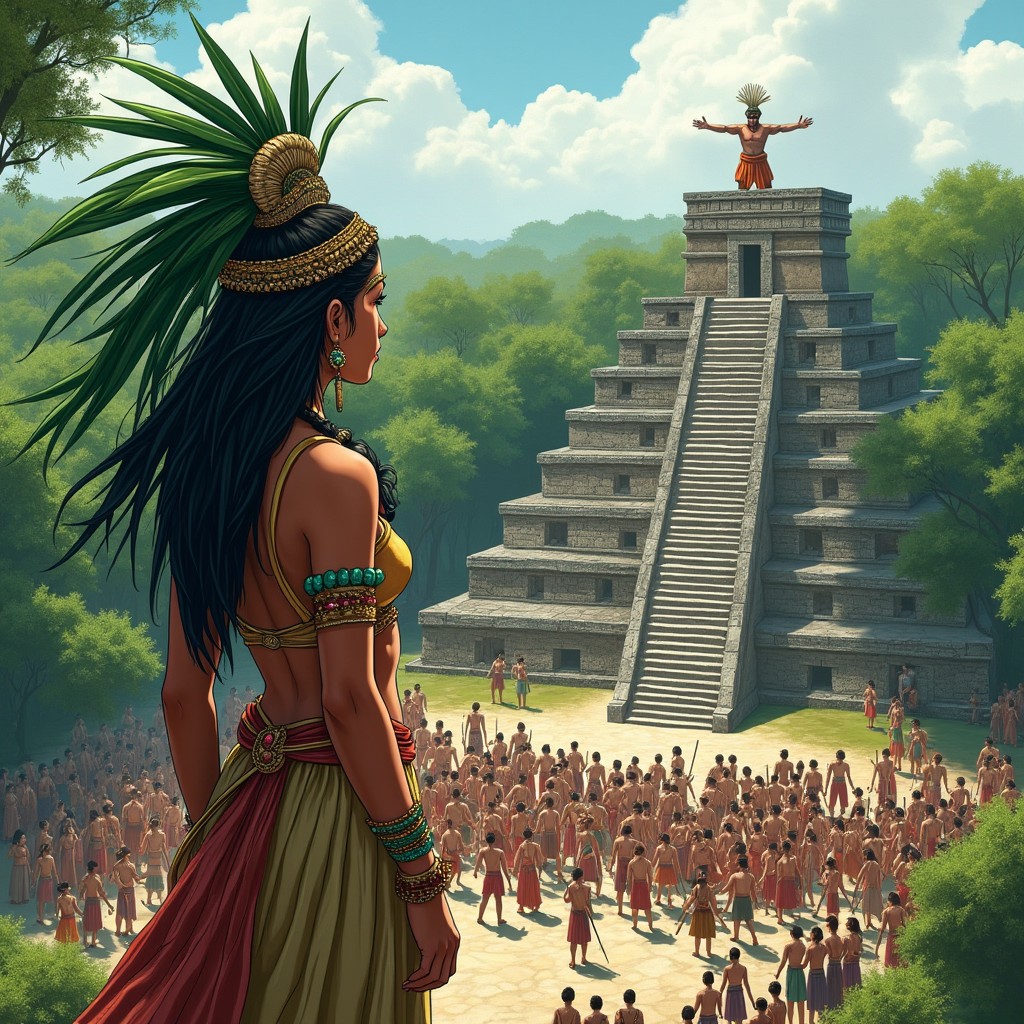 An illustration of an adolescent Mayan princess standing at the top of a temple in Tikal, wearing an elaborate headdress made of long green feathers and adorned with jade bracelets