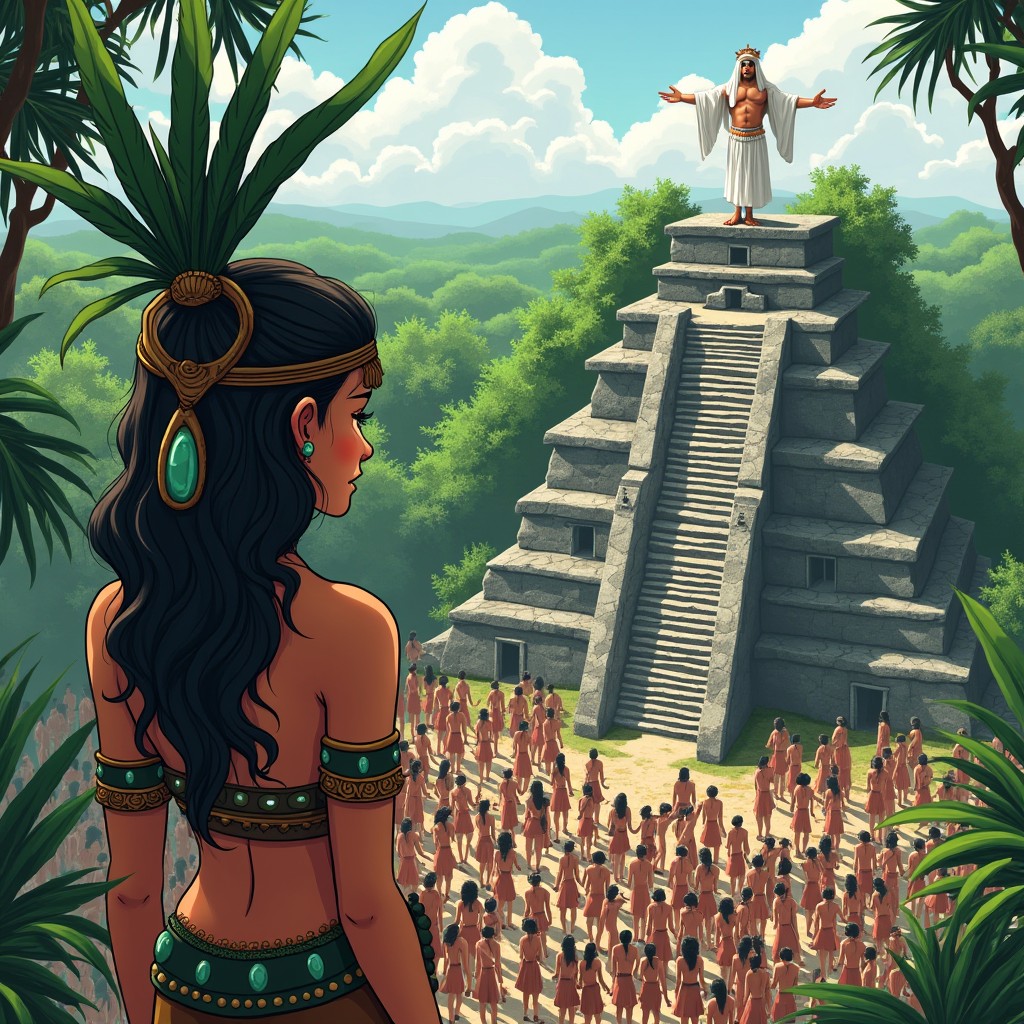 An illustration of an adolescent Maya princess with a headdress made of long green feathers and jade bracelets, looking down from the top of a Maya temple