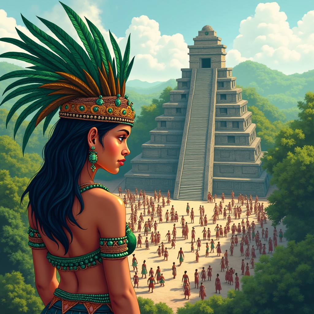 An illustration of a young Mayan princess adorned with a vibrant headdress featuring long green feathers and sparkling jade bracelets