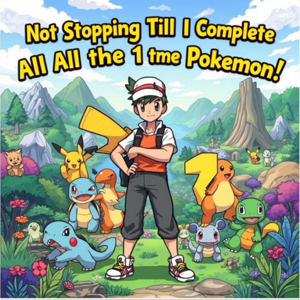 A vibrant and dynamic illustration featuring a determined Pokémon trainer standing confidently in a lush, colorful landscape filled with various Generation 1 Pokémon such as Pikachu, Charizard, Bulbasaur, and Squirtle