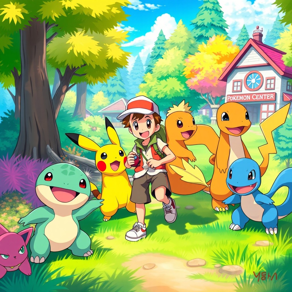 An adventurous scene depicting a trainer in a vibrant Pokémon world, surrounded by various Generation 1 Pokémon