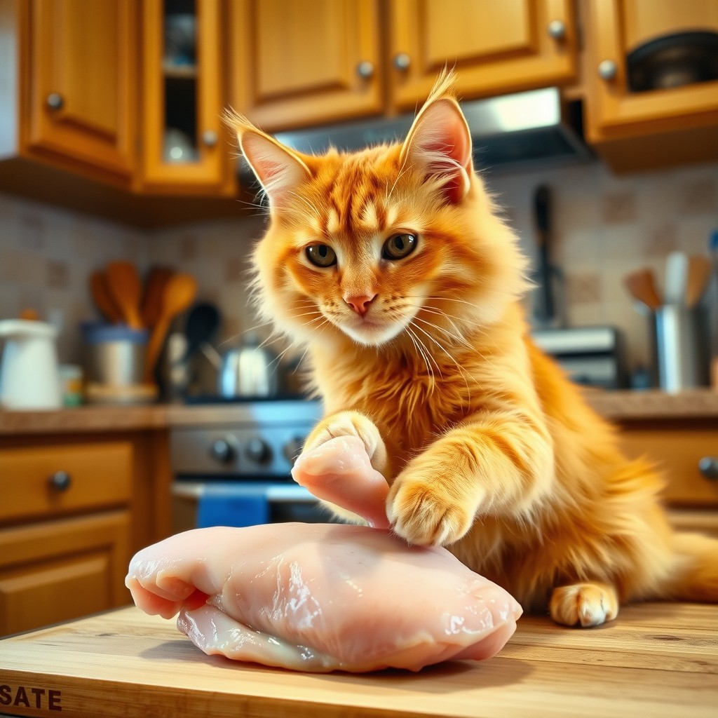 An orange cat is playfully poking a piece of raw chicken in a cozy kitchen setting