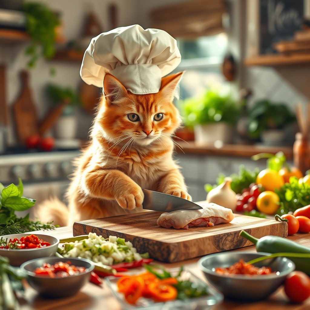 A cute orange cat wearing a chef's hat is chopping raw chicken on a wooden cutting board in a cozy kitchen