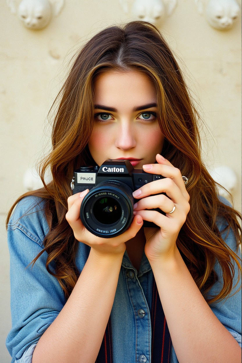 A candid photograph capturing a beautiful woman photographer, styled in the classic aesthetics of Lomography Color Negative 800 35mm film