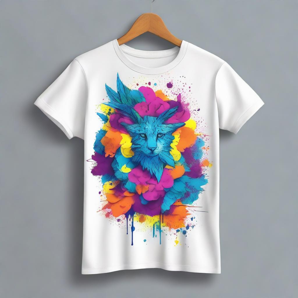 Design a trendy and creative t-shirt with vivid colours, striking graphics, and a modern aesthetic