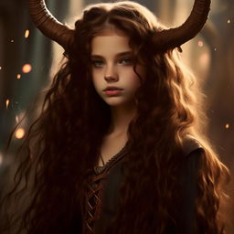 A teenage girl with long, thick, wavy brunette hair styled like horns, immersed in a fantastical fairy world. She aspires to be a knight, exuding fearlessness and cunning. Her clothes reflect a blend of medieval and magical aesthetics. She has captivating brown eyes, a hybrid of doe-like innocence and sirenic allure.