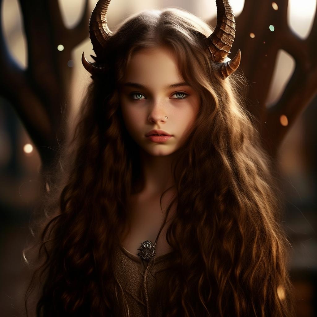 A teenage girl with long, thick, wavy brunette hair styled like horns, immersed in a fantastical fairy world. She aspires to be a knight, exuding fearlessness and cunning. Her clothes reflect a blend of medieval and magical aesthetics. She has captivating brown eyes, a hybrid of doe-like innocence and sirenic allure.