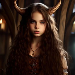 A teenage girl with long, thick, wavy brunette hair styled like horns, immersed in a fantastical fairy world. She aspires to be a knight, exuding fearlessness and cunning. Her clothes reflect a blend of medieval and magical aesthetics. She has captivating brown eyes, a hybrid of doe-like innocence and sirenic allure.