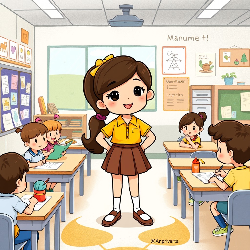 A charming and heartwarming illustration of Manu, a class mascot symbolizing a student