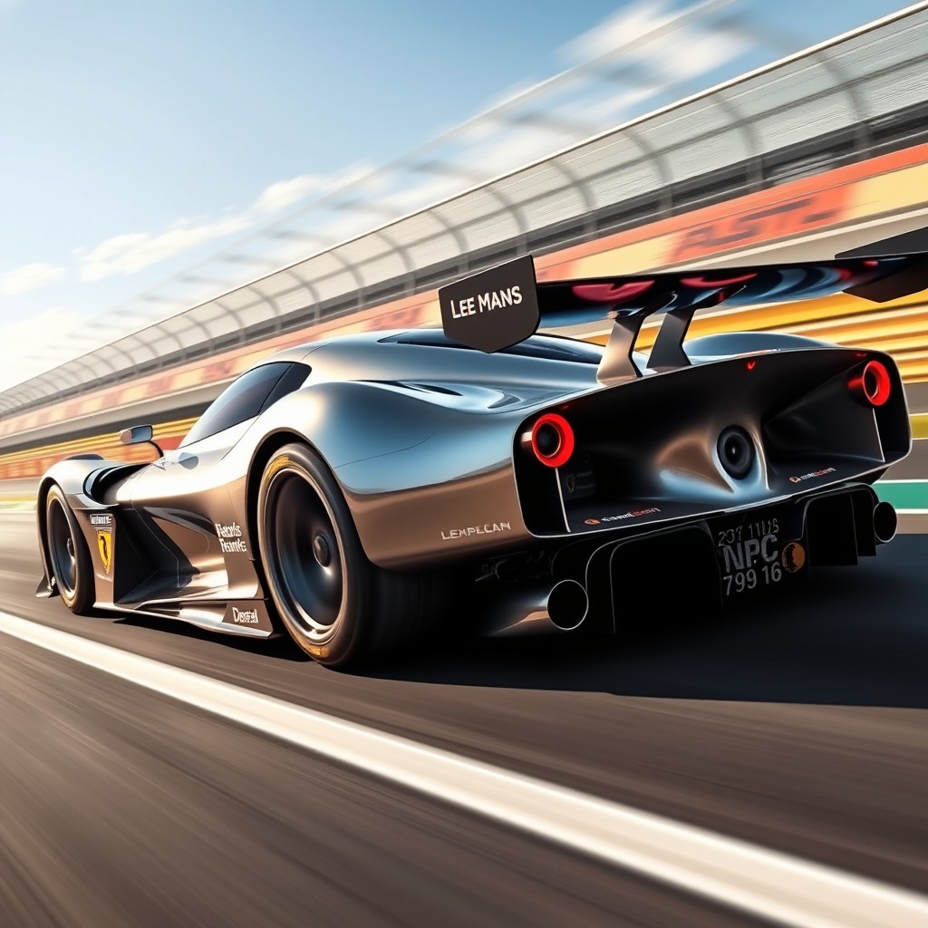A futuristic Le Mans racing car with sleek, aerodynamic lines and a polished metallic finish