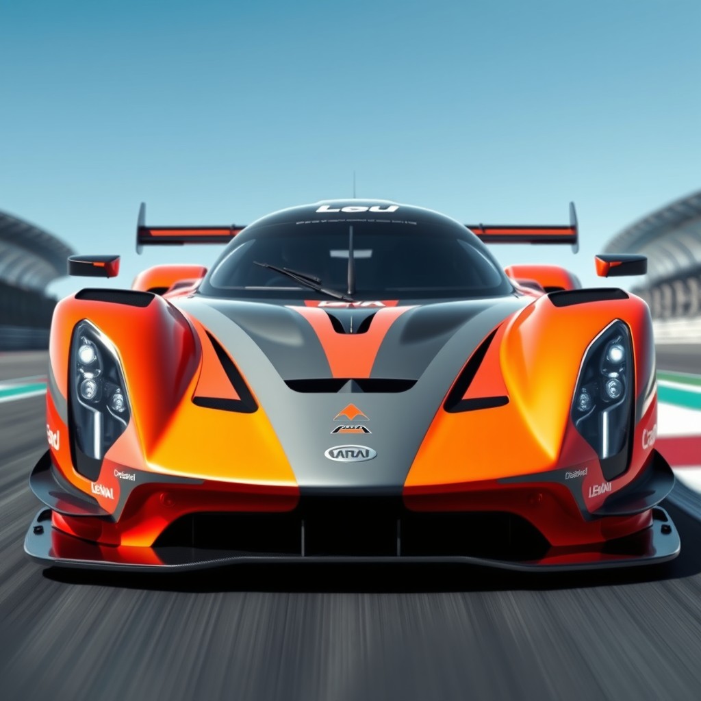 A futuristic Le Mans racing car viewed from the front side, showcasing its striking aerodynamic design