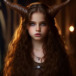 A teenage girl with long, thick, wavy brunette hair styled like horns, immersed in a fantastical fairy world. She aspires to be a knight, exuding fearlessness and cunning. Her clothes reflect a blend of medieval and magical aesthetics. She has captivating brown eyes, a hybrid of doe-like innocence and sirenic allure.