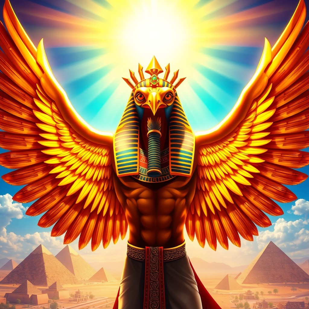 A majestic depiction of the sun god Horus in all his splendor, showcasing his powerful physique with golden wings spread wide, glowing with radiant sunlight