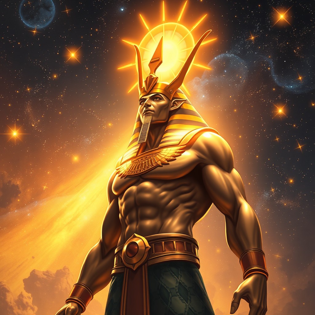 A striking illustration of the Sun God Horus, portrayed as a muscular figure radiating a brilliant golden aura