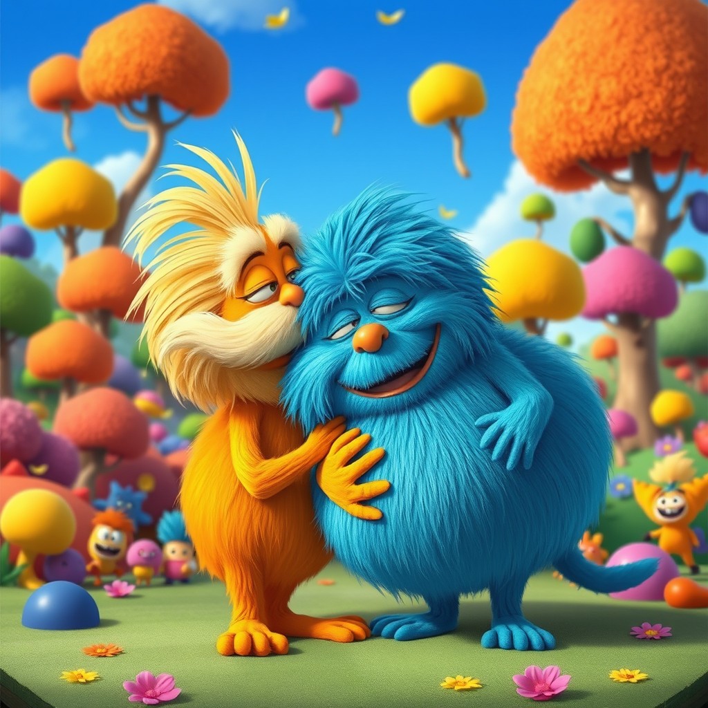 The Lorax character, depicted in a vibrant and colorful cartoon style, without his signature mustache, affectionately kissing a plushy Huggy Wuggy character from the popular video game