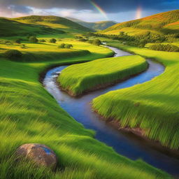 A stunning natural landscape in the afternoon light featuring lush, green grass, a thin, blue winding river, under a vibrant, colorful rainbow