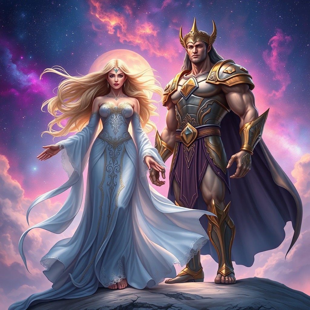 A majestic goddess and a powerful god standing together on a celestial landscape